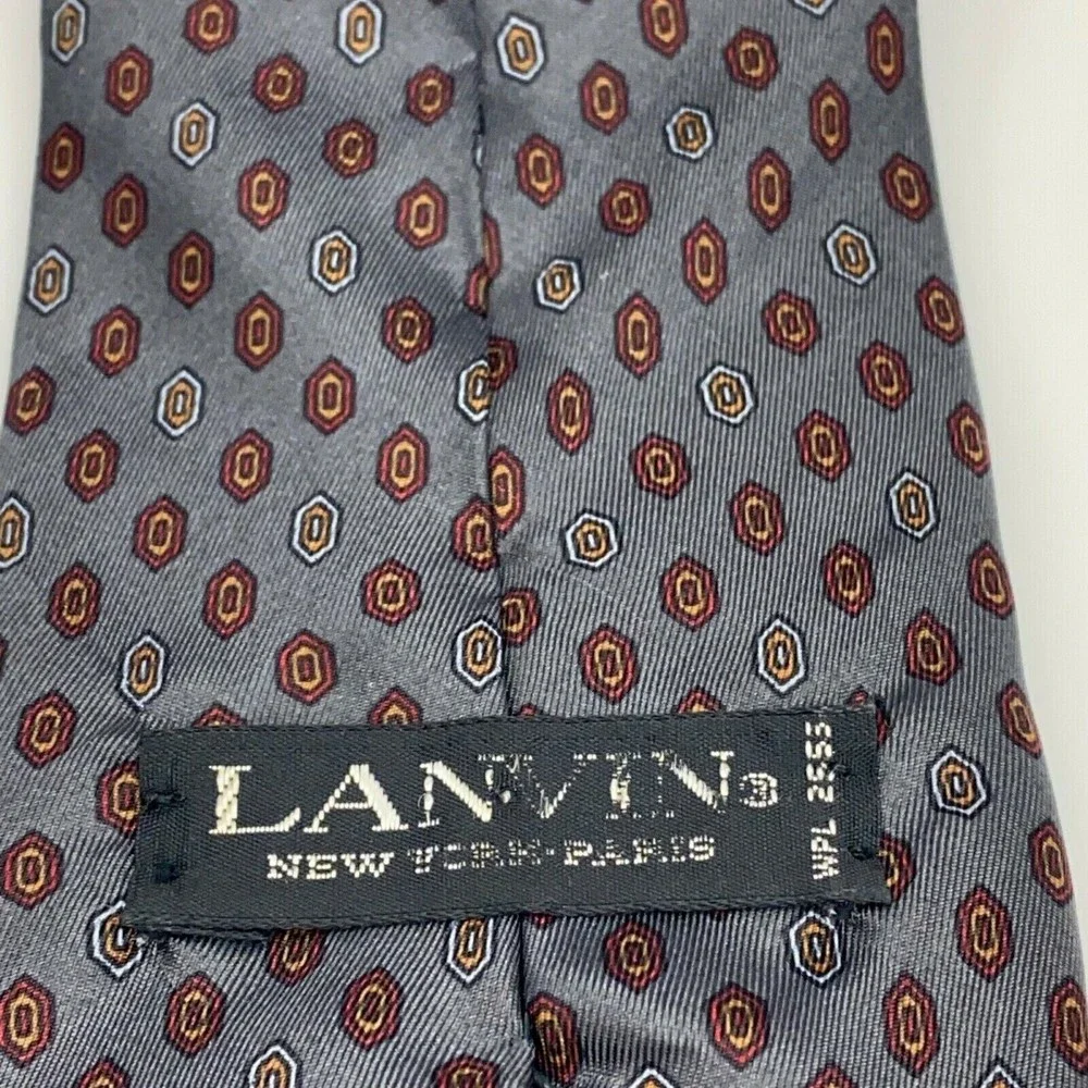 LANVIN Tie Geometric Gray Burgundy Blue White Orange Silk Mens Vintage Necktie